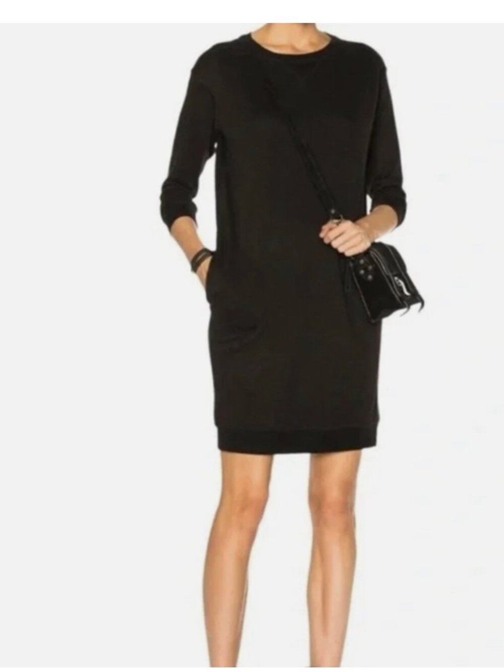 ATM Anthony Thomas Melillo 3/4 Sleeve Black Crewneck Terry Sweatshirt Dress XS